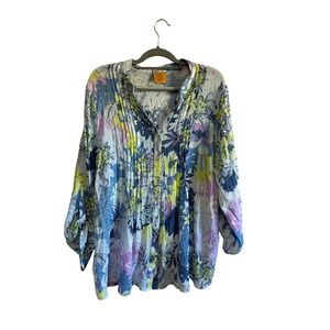 Ruby Rd Woman Floral Print Pintuck Long Sleeve‎ Roll Tab Button Down Blouse Top